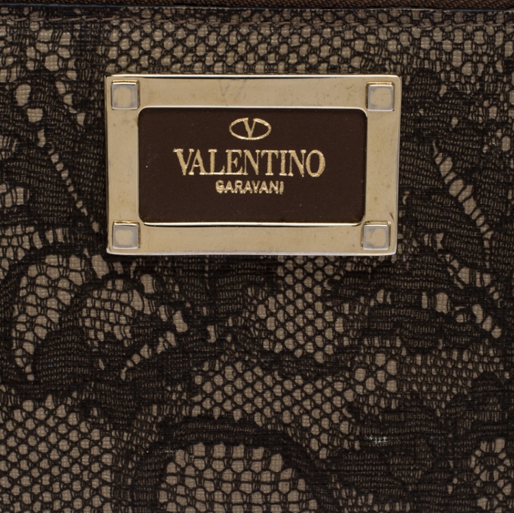 Pre Owned Valentino Black/Beige Lace Print Leather Zip Around Continental Wallet
