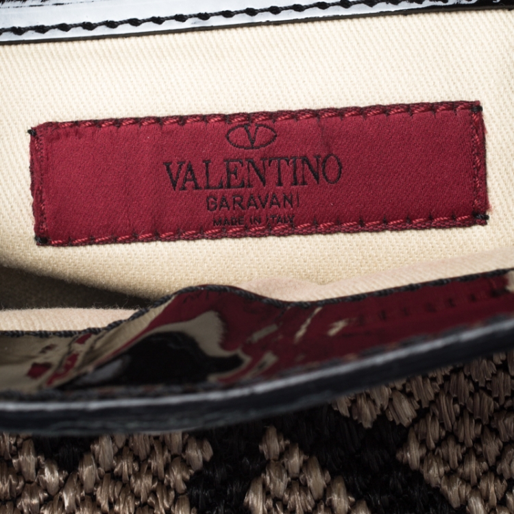 Pre Owned Valentino Black Raffia/Leather and Patent Leather Aphrodite Bow Top Handle Bag