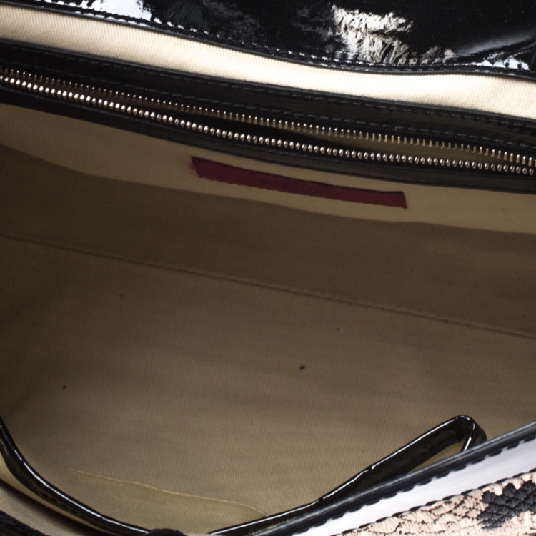 Pre Owned Valentino Black Raffia/Leather and Patent Leather Aphrodite Bow Top Handle Bag