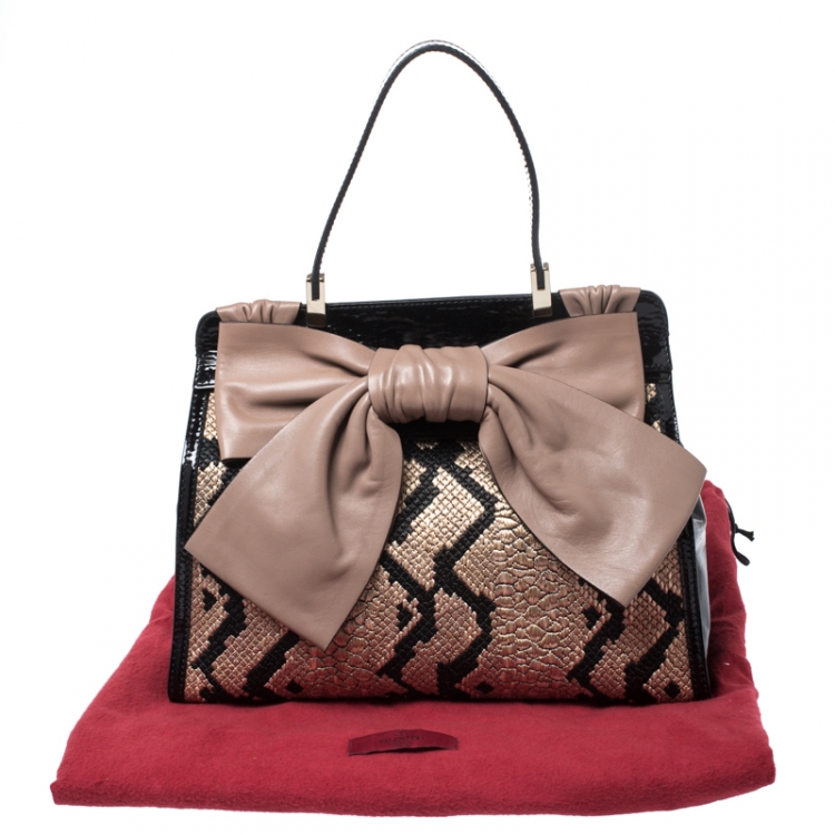 Pre Owned Valentino Black Raffia/Leather and Patent Leather Aphrodite Bow Top Handle Bag