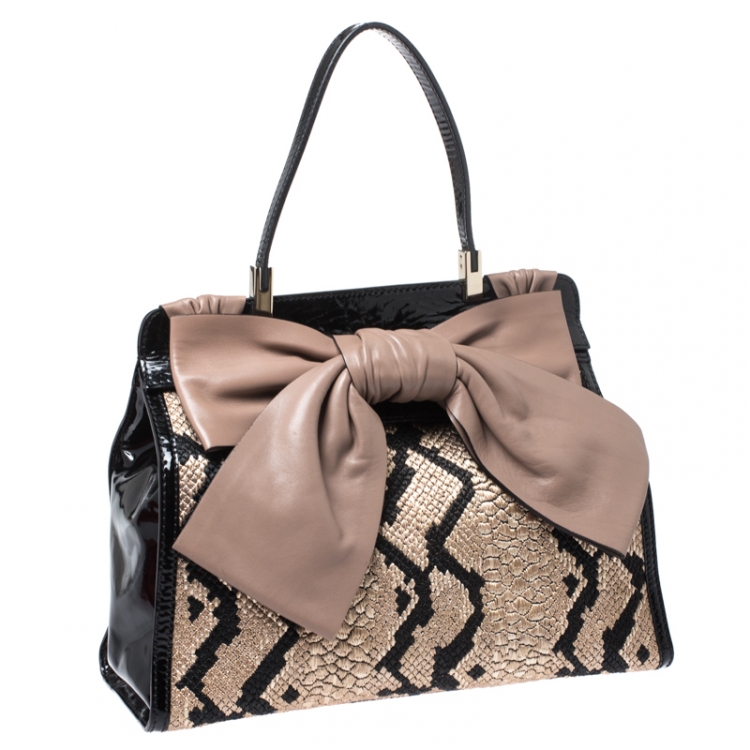Pre Owned Valentino Black Raffia/Leather and Patent Leather Aphrodite Bow Top Handle Bag