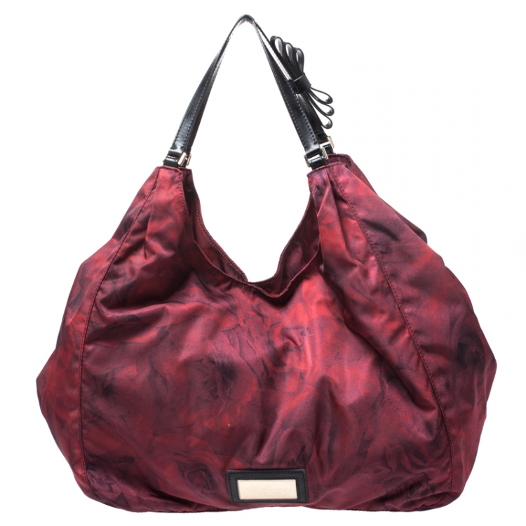 Pre Owned Valentino Red/Black Rose Printed Nylon and Leather Hobo