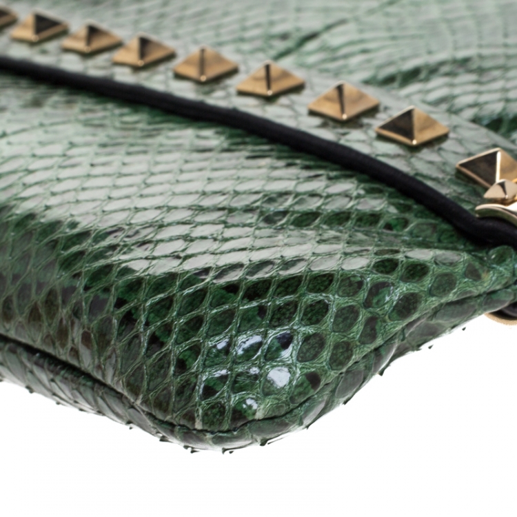 Pre Owned Valentino Green Python Rockstud Wristlet Clutch