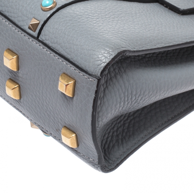 Pre Owned Valentino Grey Leather Rockstud Rolling Top Handle Bag