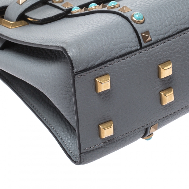Pre Owned Valentino Grey Leather Rockstud Rolling Top Handle Bag