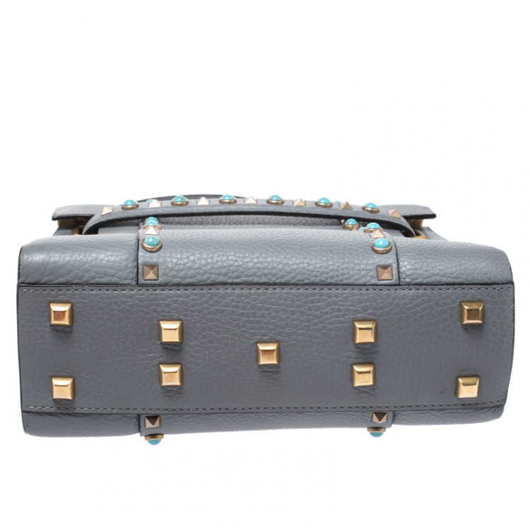 Pre Owned Valentino Grey Leather Rockstud Rolling Top Handle Bag