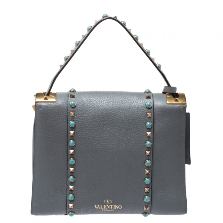 Pre Owned Valentino Grey Leather Rockstud Rolling Top Handle Bag