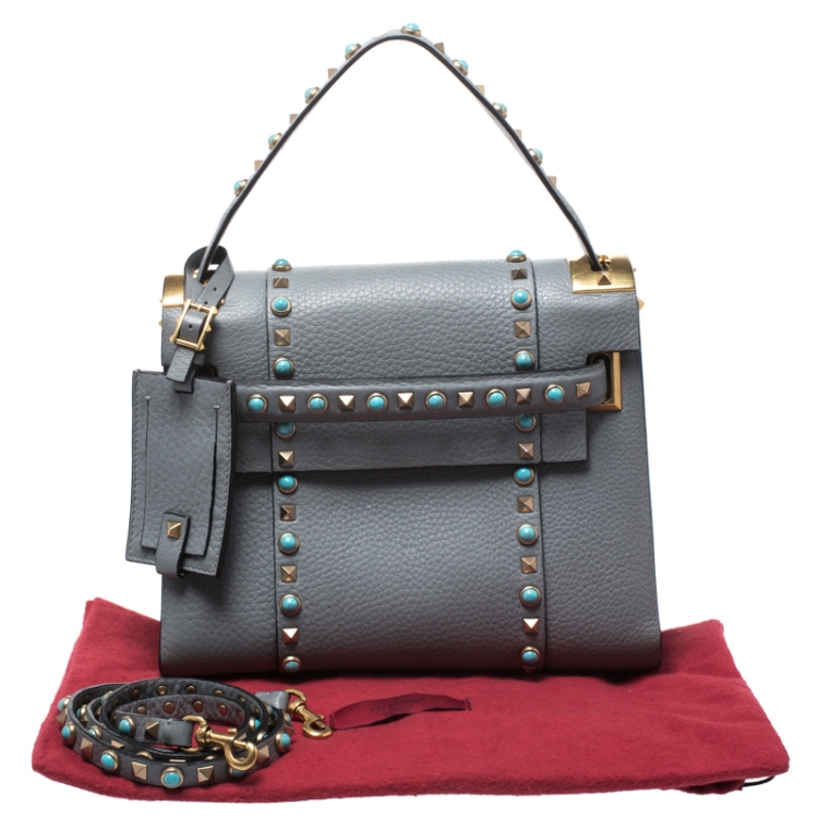 Pre Owned Valentino Grey Leather Rockstud Rolling Top Handle Bag