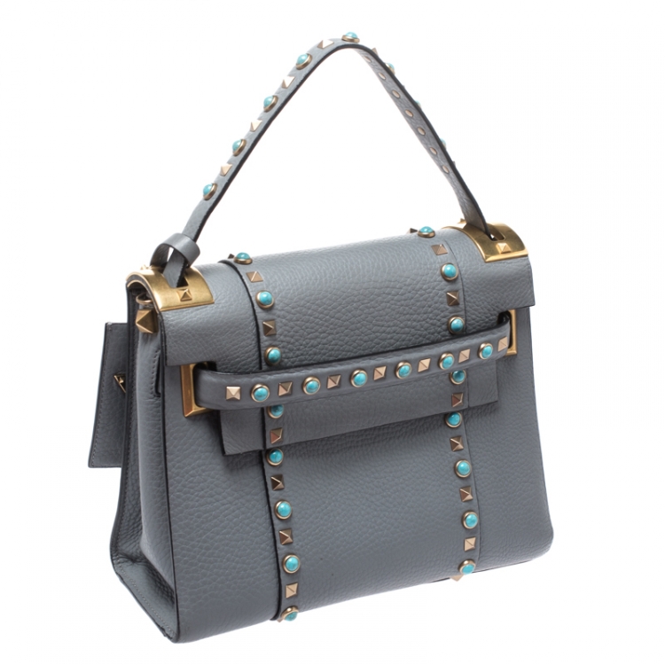 Pre Owned Valentino Grey Leather Rockstud Rolling Top Handle Bag