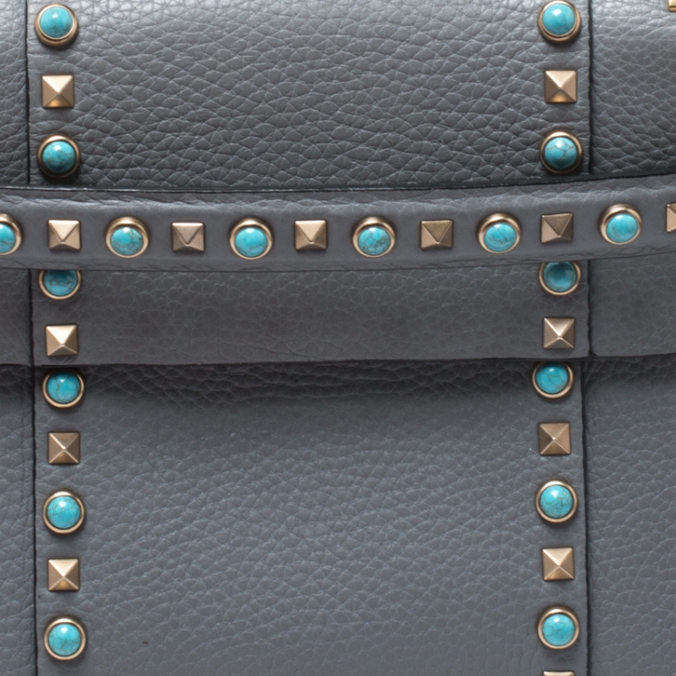 Pre Owned Valentino Grey Leather Rockstud Rolling Top Handle Bag