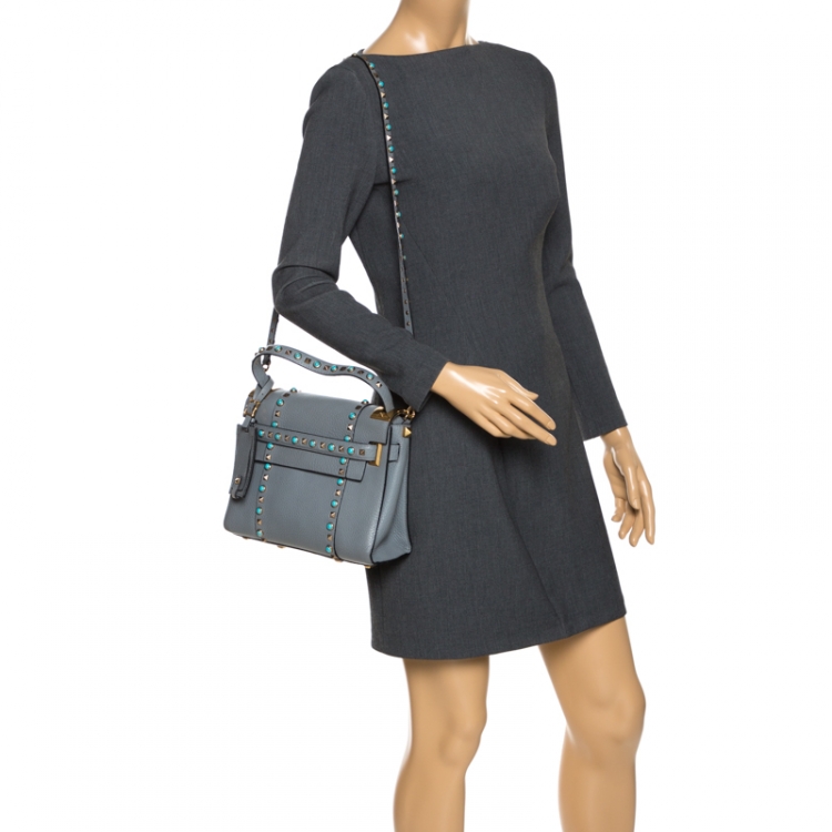Pre Owned Valentino Grey Leather Rockstud Rolling Top Handle Bag