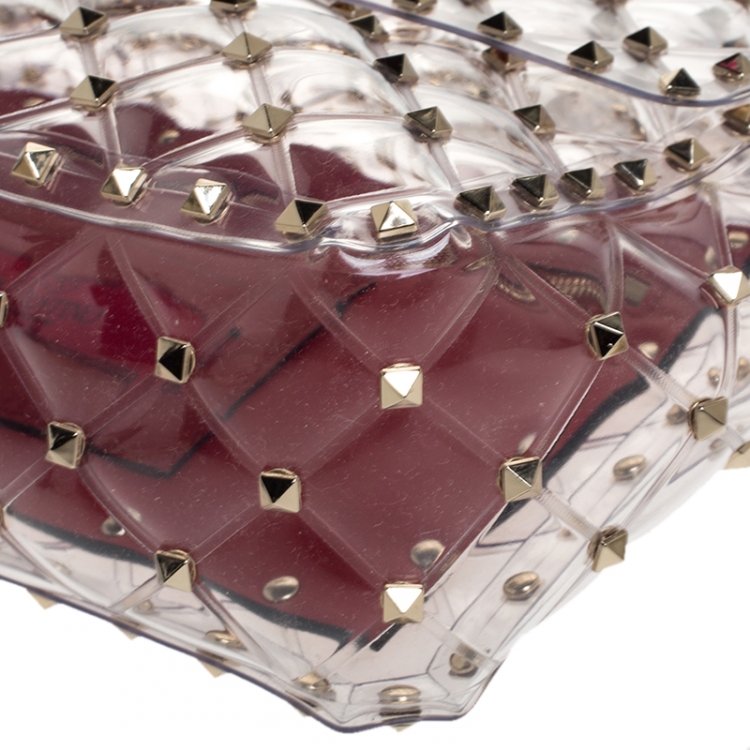 Pre Owned Valentino Clear/Red PVC Rockstud Spike Top Handle Bag