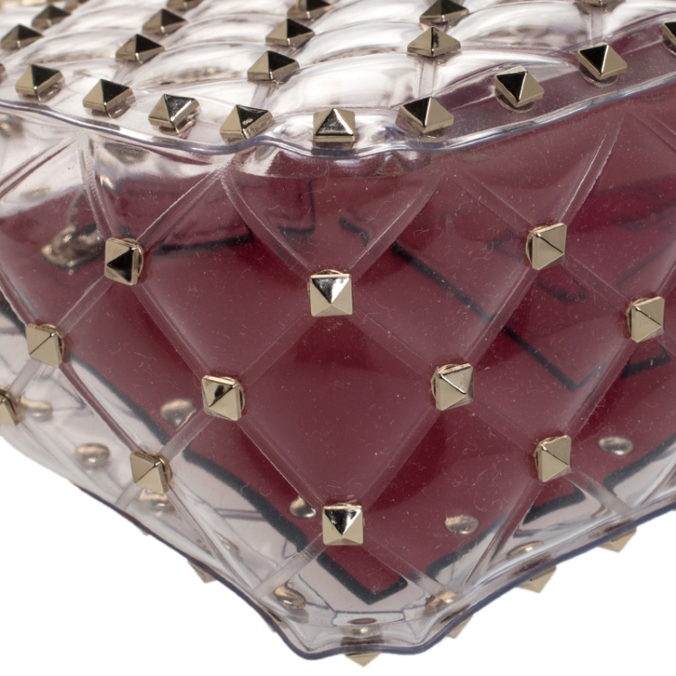 Pre Owned Valentino Clear/Red PVC Rockstud Spike Top Handle Bag