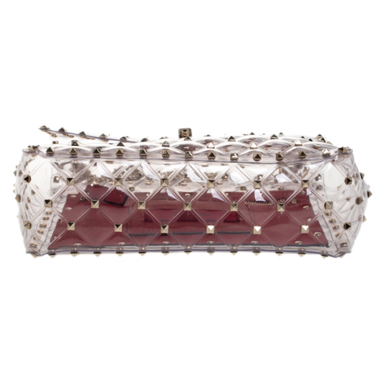 Pre Owned Valentino Clear/Red PVC Rockstud Spike Top Handle Bag
