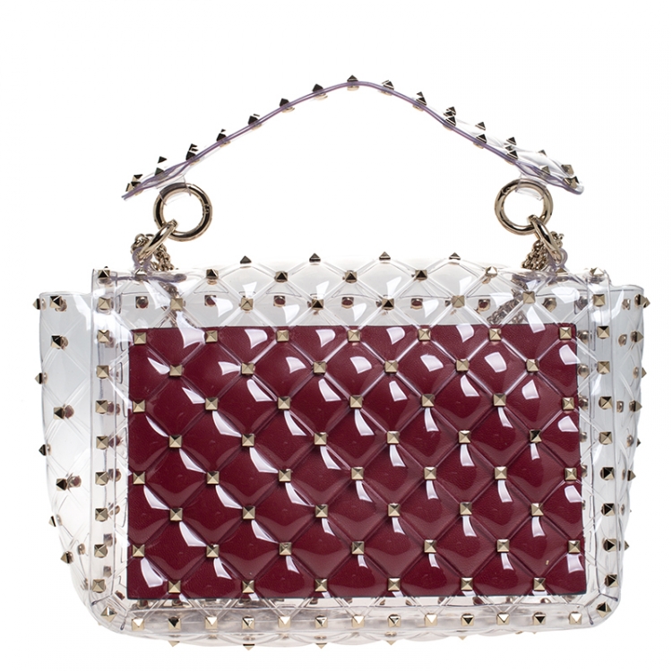 Pre Owned Valentino Clear/Red PVC Rockstud Spike Top Handle Bag