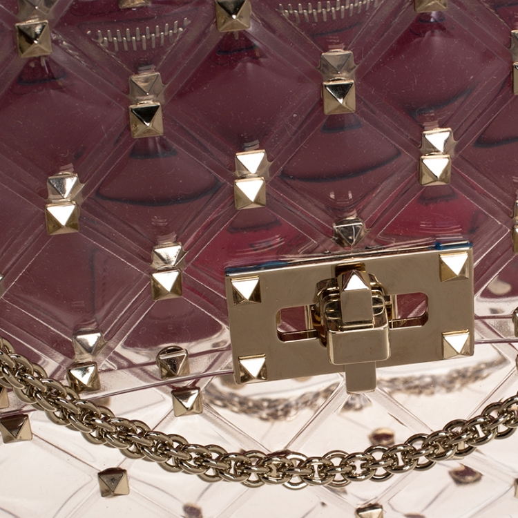 Pre Owned Valentino Clear/Red PVC Rockstud Spike Top Handle Bag