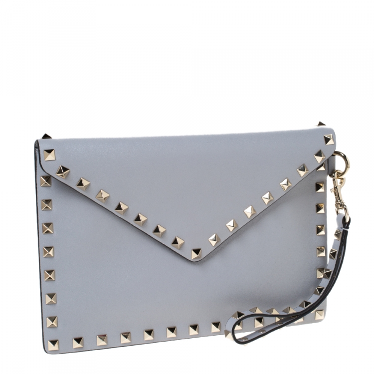Pre Owned Valentino Grey Leather Rockstud Envelope Wristlet Clutch