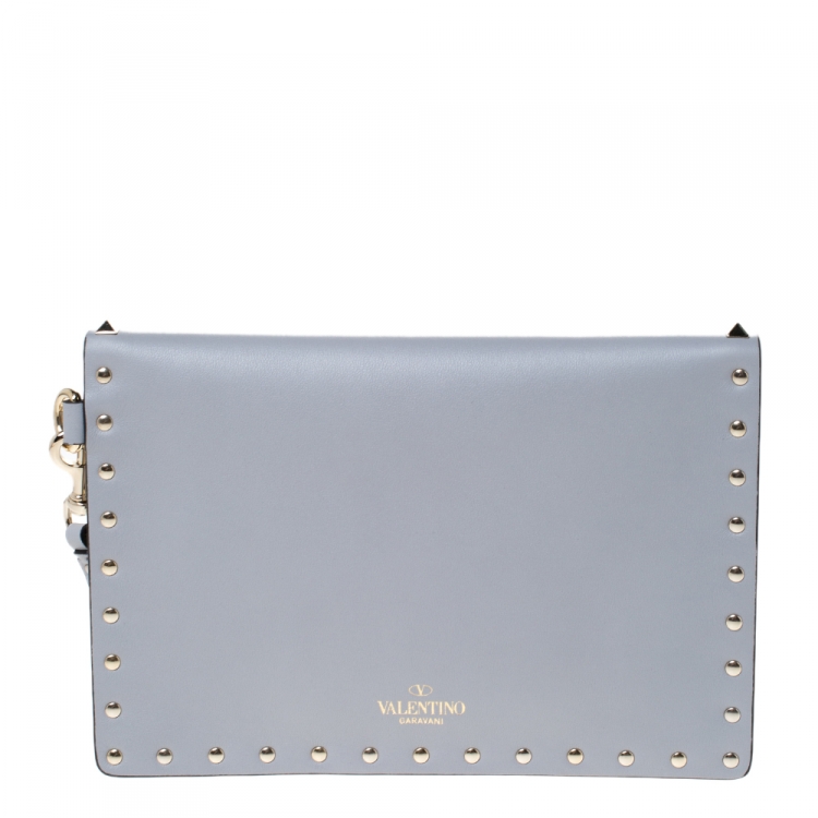 Pre Owned Valentino Grey Leather Rockstud Envelope Wristlet Clutch