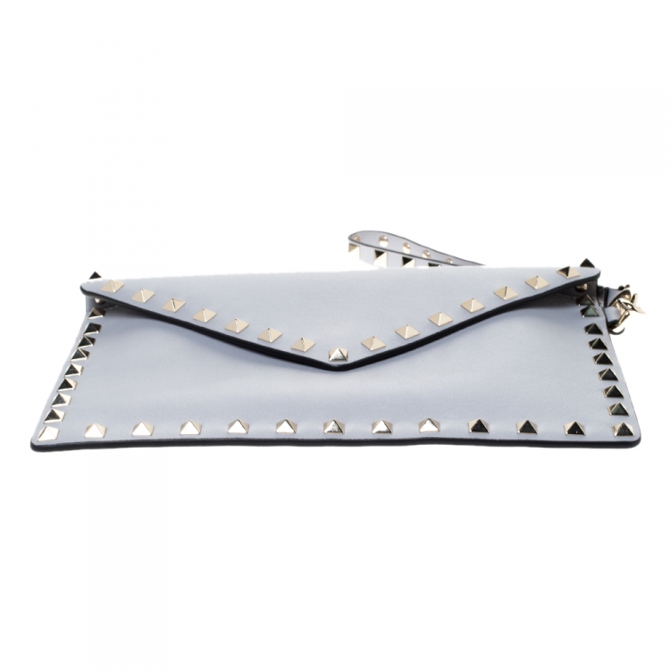 Pre Owned Valentino Grey Leather Rockstud Envelope Wristlet Clutch