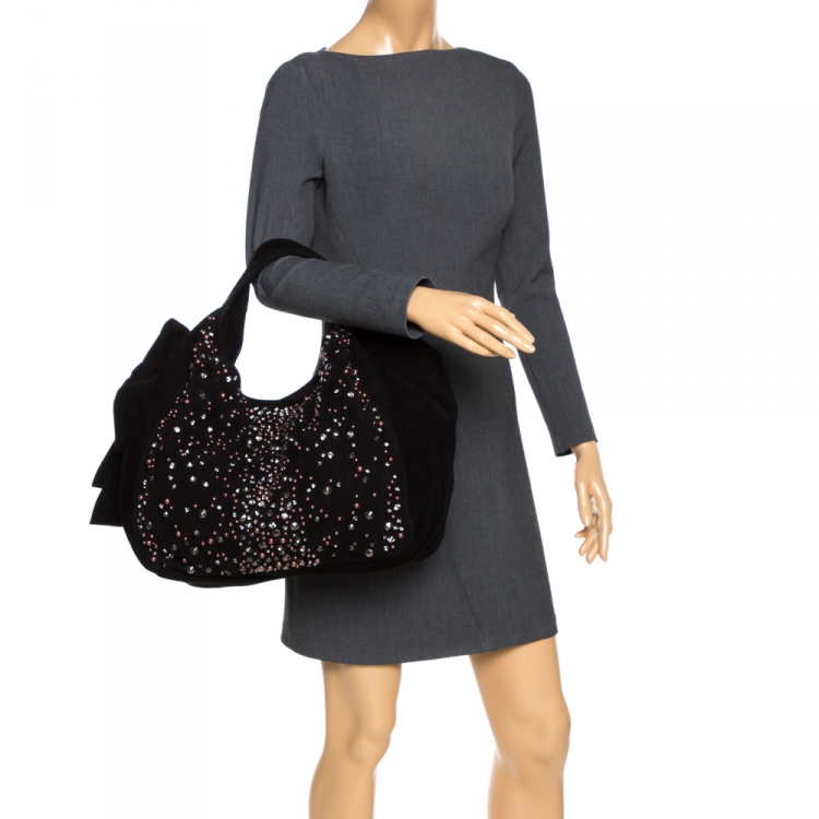 Pre Owned Valentino Black Suede Embellished Bow Hobo