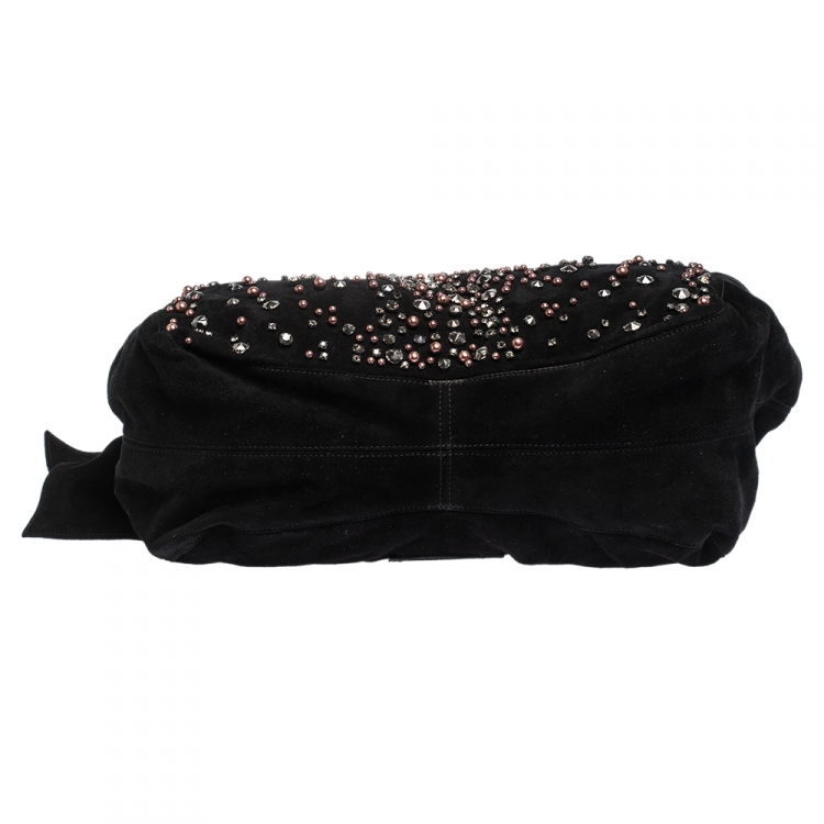 Pre Owned Valentino Black Suede Embellished Bow Hobo