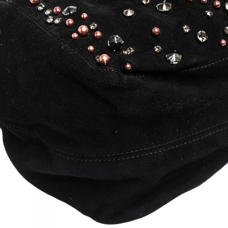 Pre Owned Valentino Black Suede Embellished Bow Hobo