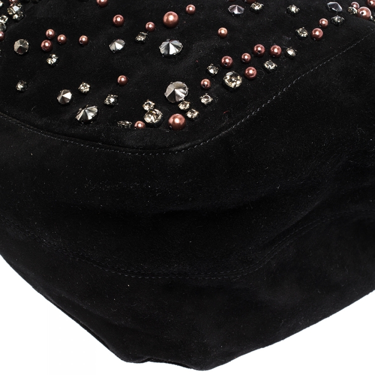 Pre Owned Valentino Black Suede Embellished Bow Hobo