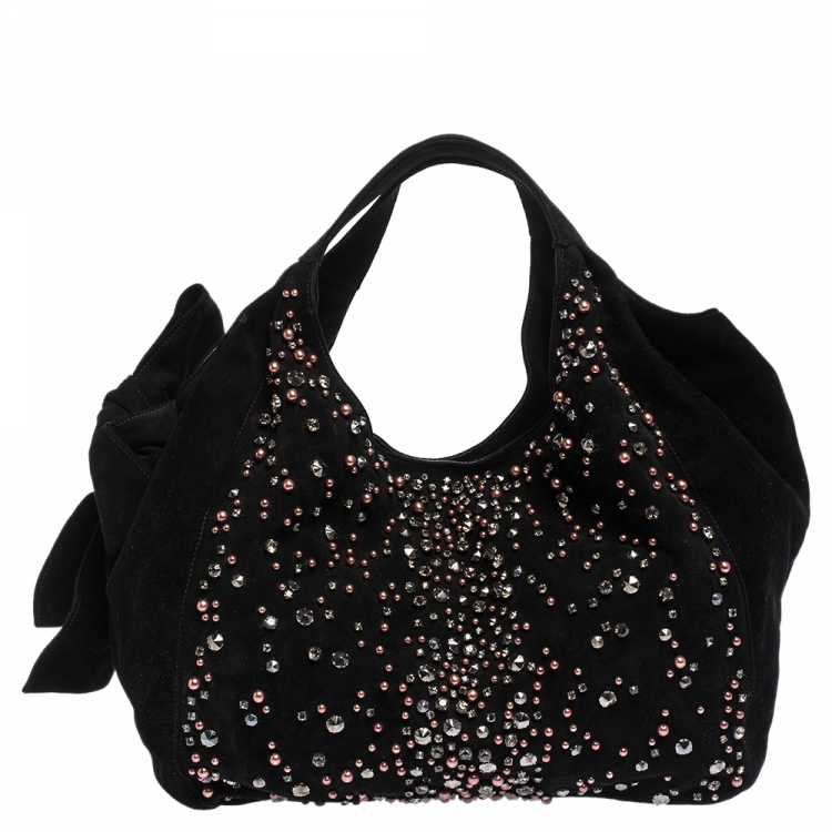 Pre Owned Valentino Black Suede Embellished Bow Hobo