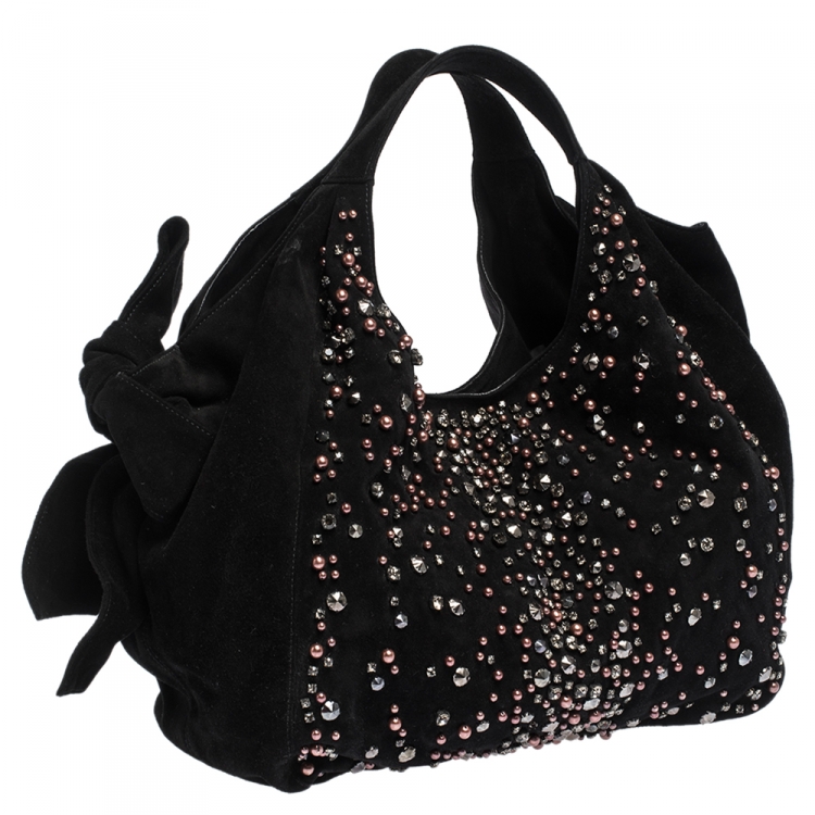 Pre Owned Valentino Black Suede Embellished Bow Hobo