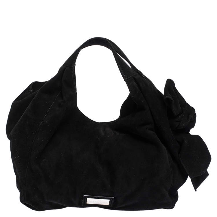 Pre Owned Valentino Black Suede Embellished Bow Hobo