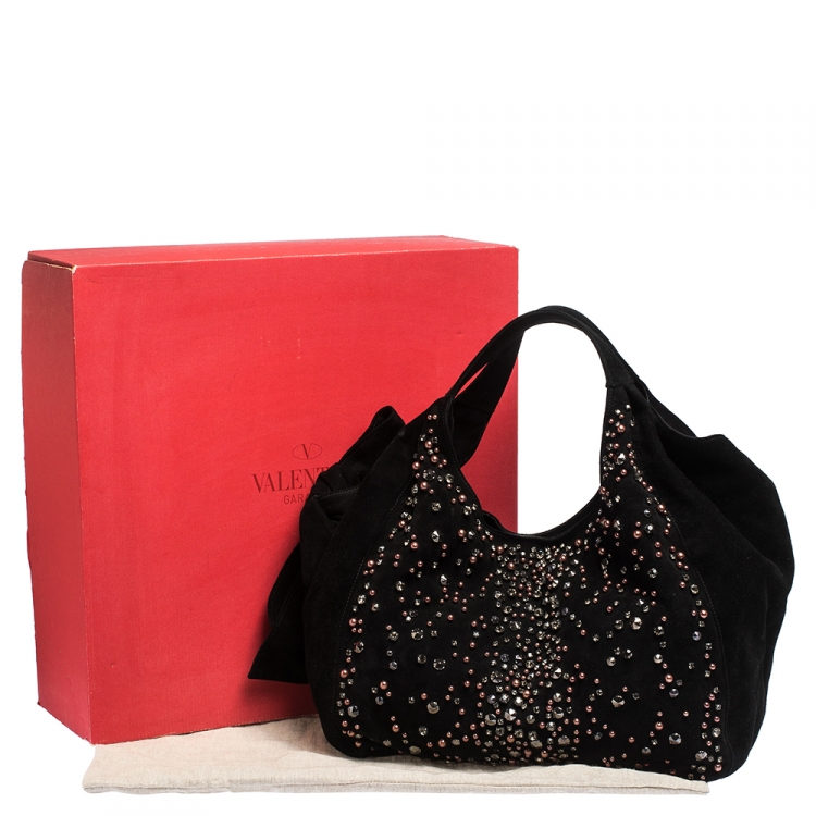 Pre Owned Valentino Black Suede Embellished Bow Hobo
