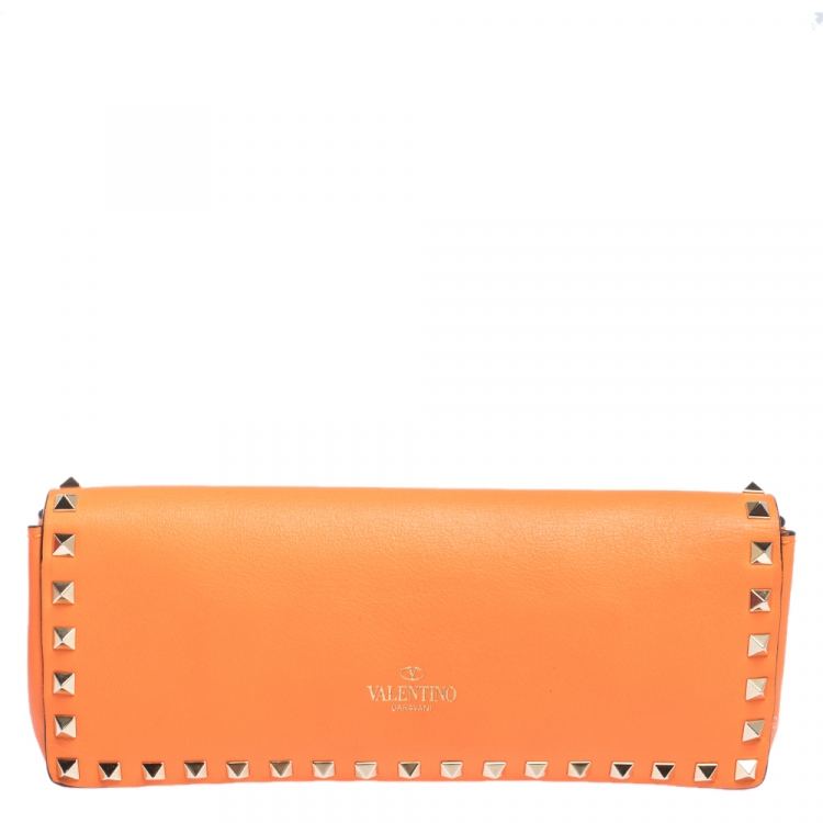 Pre Owned Valentino Neon Orange Leather Rockstud Bracelet Clutch