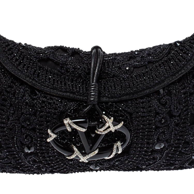 Pre Owned Valentino Black Embellished Crochet Fabric VRing Flap Hobo