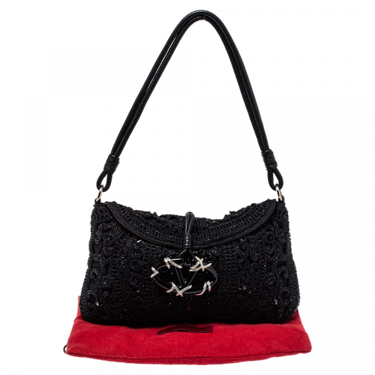 Pre Owned Valentino Black Embellished Crochet Fabric VRing Flap Hobo