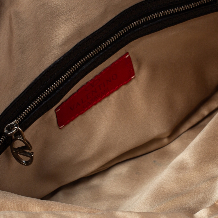 Pre Owned Valentino Black Embellished Crochet Fabric VRing Flap Hobo