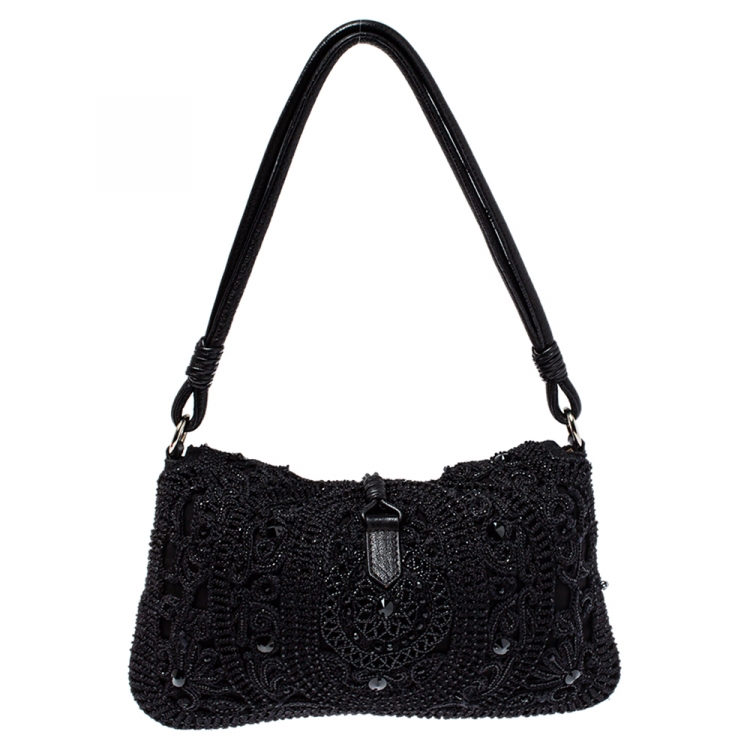 Pre Owned Valentino Black Embellished Crochet Fabric VRing Flap Hobo