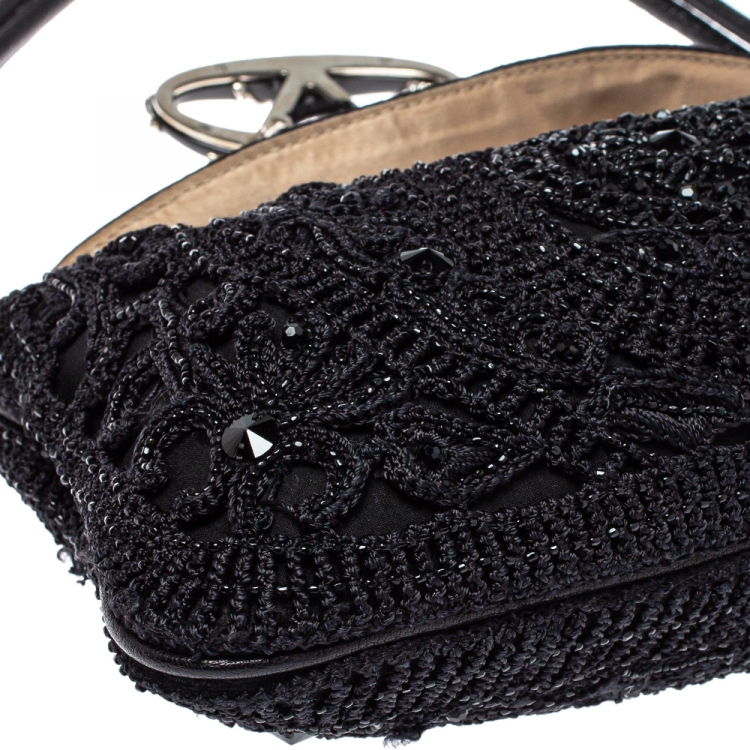 Pre Owned Valentino Black Embellished Crochet Fabric VRing Flap Hobo