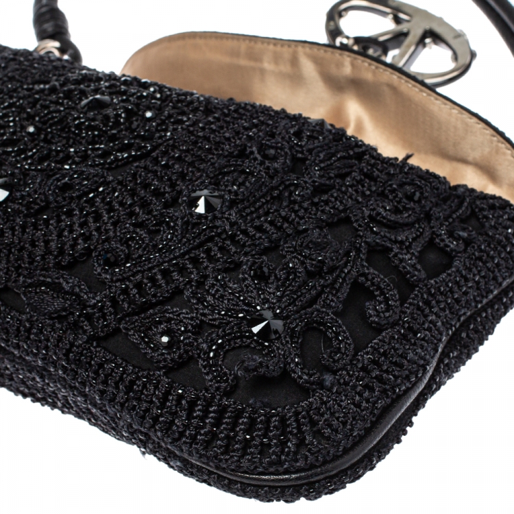 Pre Owned Valentino Black Embellished Crochet Fabric VRing Flap Hobo