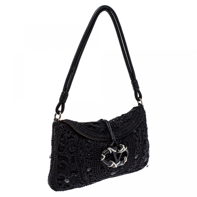 Pre Owned Valentino Black Embellished Crochet Fabric VRing Flap Hobo