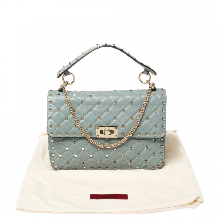 Pre Owned Valentino Blue Leather Medium Rockstud Spike Top Handle Bag