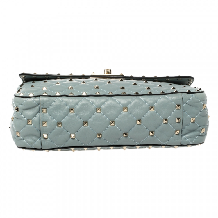 Pre Owned Valentino Blue Leather Medium Rockstud Spike Top Handle Bag