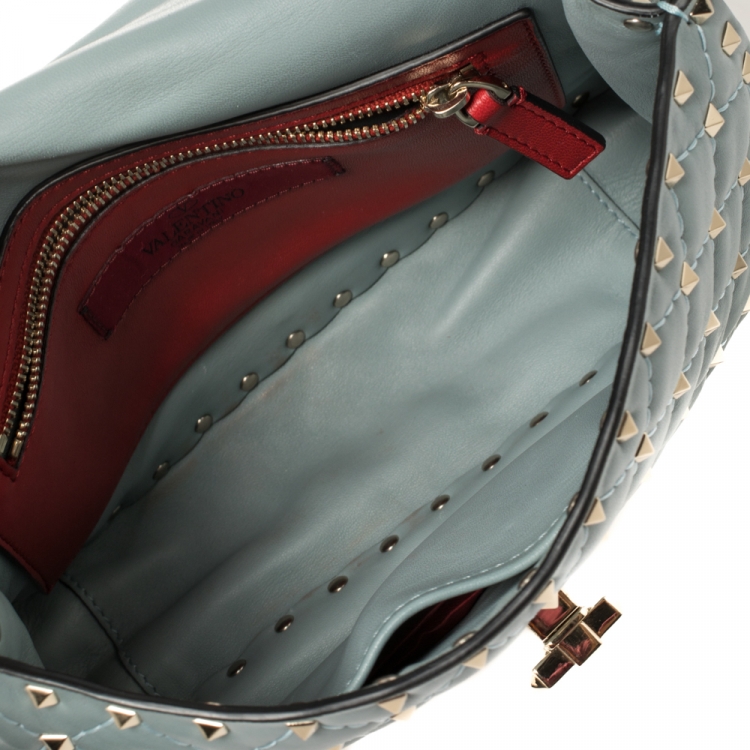 Pre Owned Valentino Blue Leather Medium Rockstud Spike Top Handle Bag