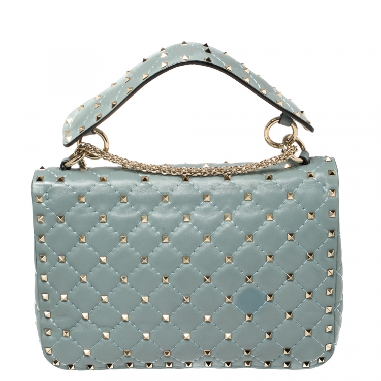 Pre Owned Valentino Blue Leather Medium Rockstud Spike Top Handle Bag