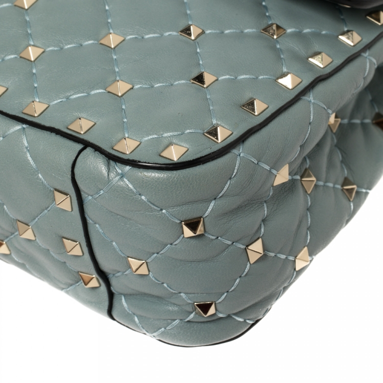 Pre Owned Valentino Blue Leather Medium Rockstud Spike Top Handle Bag