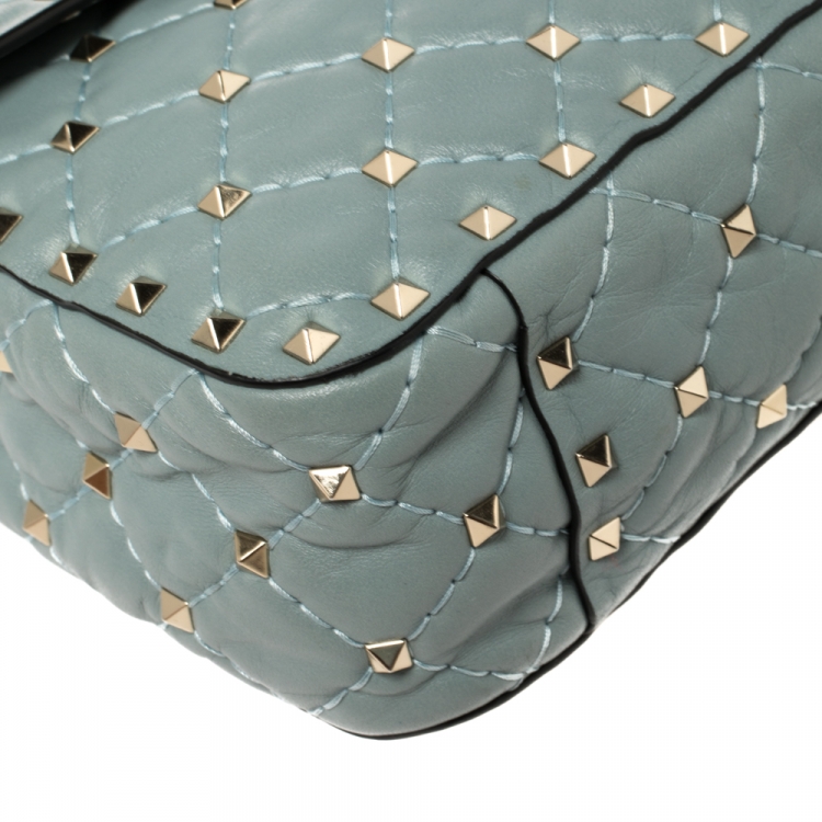 Pre Owned Valentino Blue Leather Medium Rockstud Spike Top Handle Bag