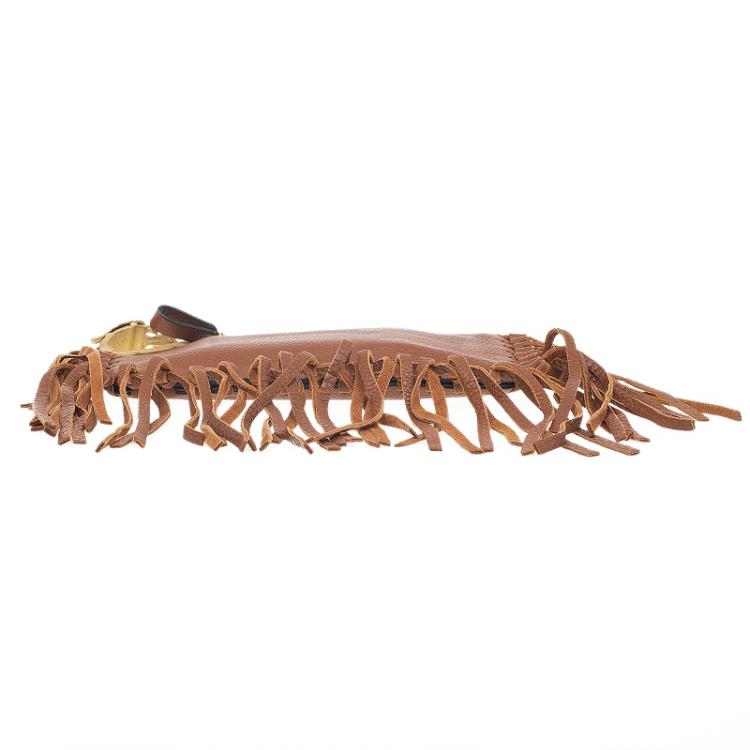 Pre Owned Valentino Brown Leather C Rockee Gryphon Fringe Clutch