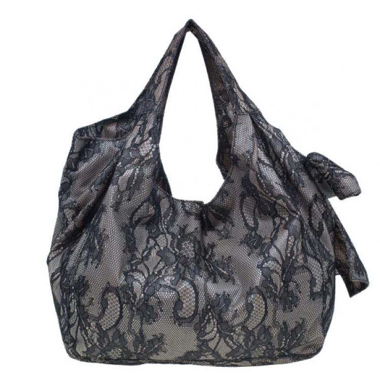Pre Owned Valentino Black Day Lace Large Nuage Bow Hobo