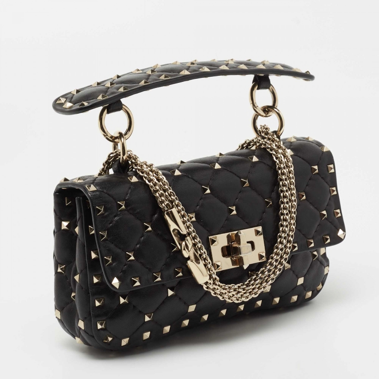 مملوكة مسبقًا Valentino Black Quilted Leather Small Rockstud Spike Chain Top Handle Bag