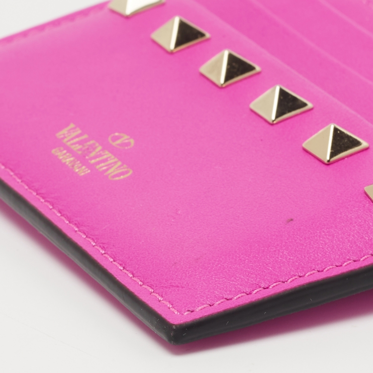 Pre Owned Valentino Hot Pink Leather Rockstud Bifold Card Holder