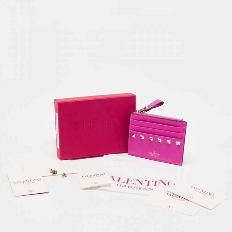 Pre Owned Valentino Hot Pink Leather Rockstud Bifold Card Holder